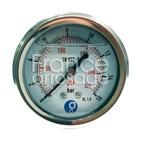 Manomètre axial inox à glycérine Ø63 mm - 0 à 16 bars